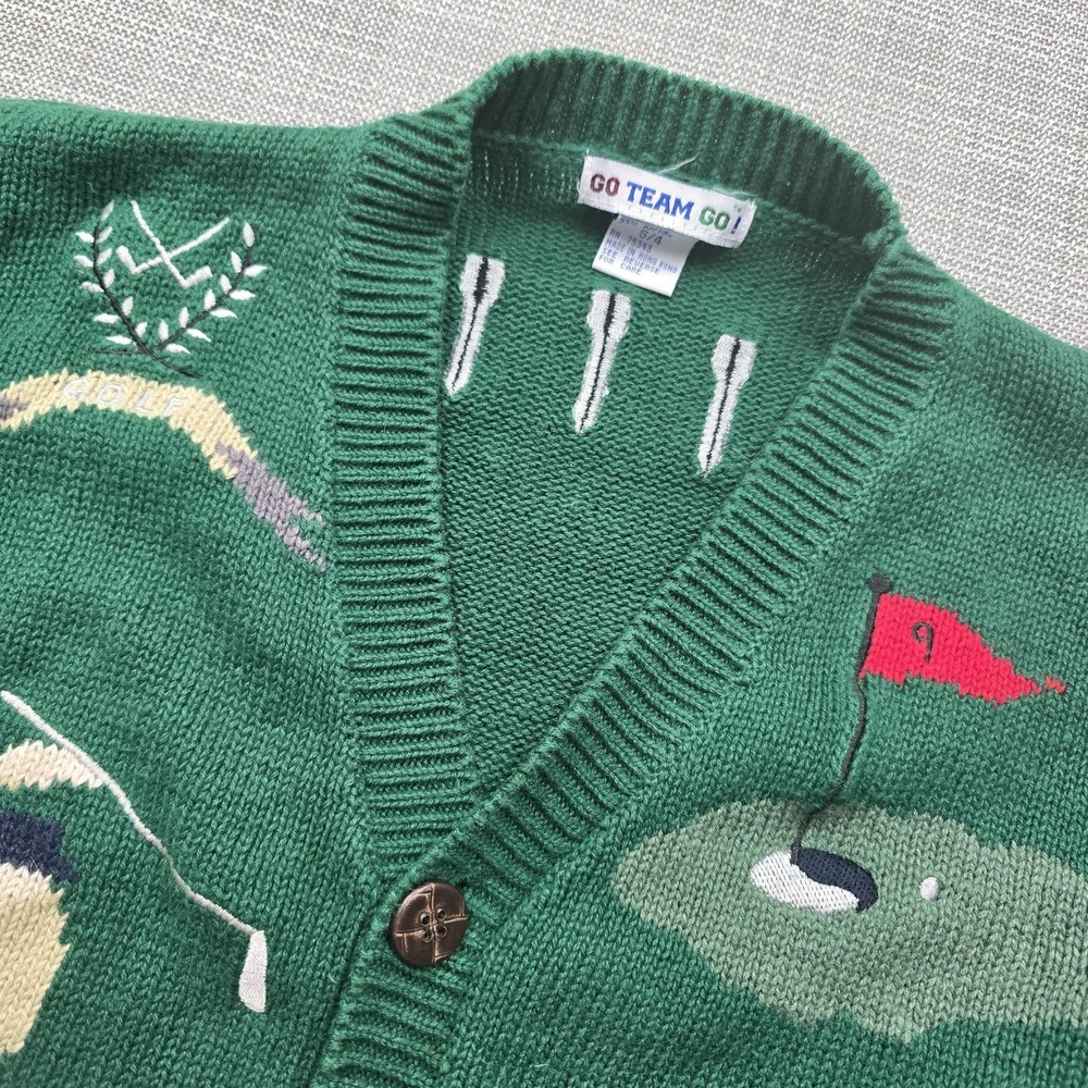 Vintage Go Team Go Sweater Kids 4 Green Golf Graphic Cardigan Plaid Hong Kong